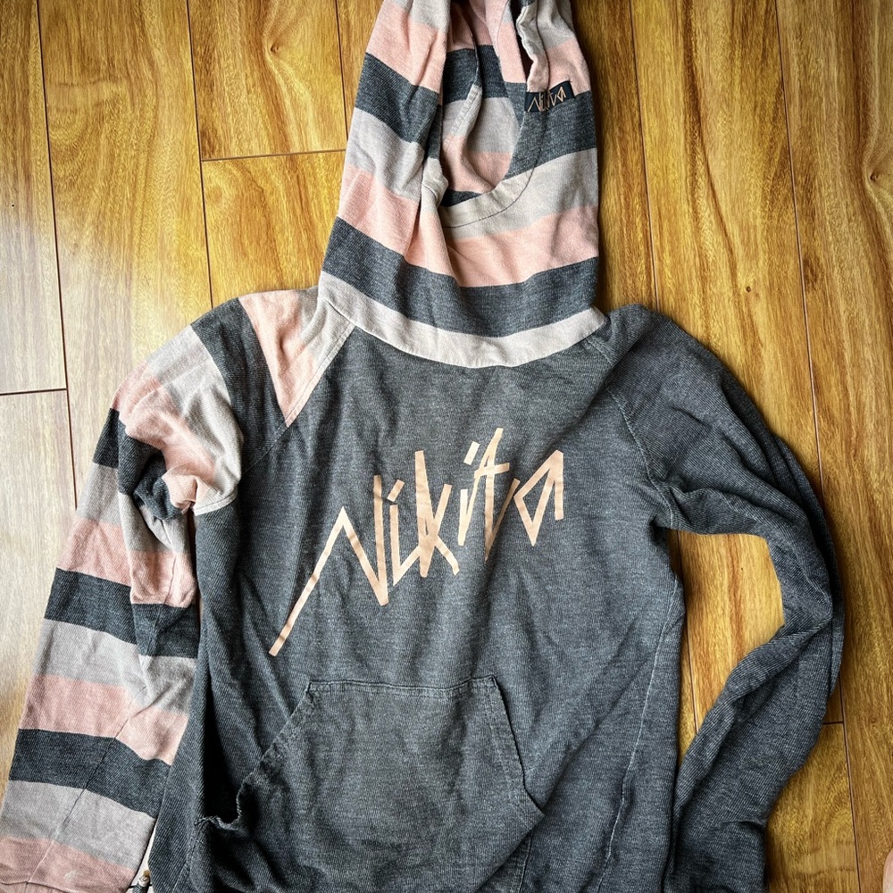 Nikita Striped Hoodie in Gray and Pink
